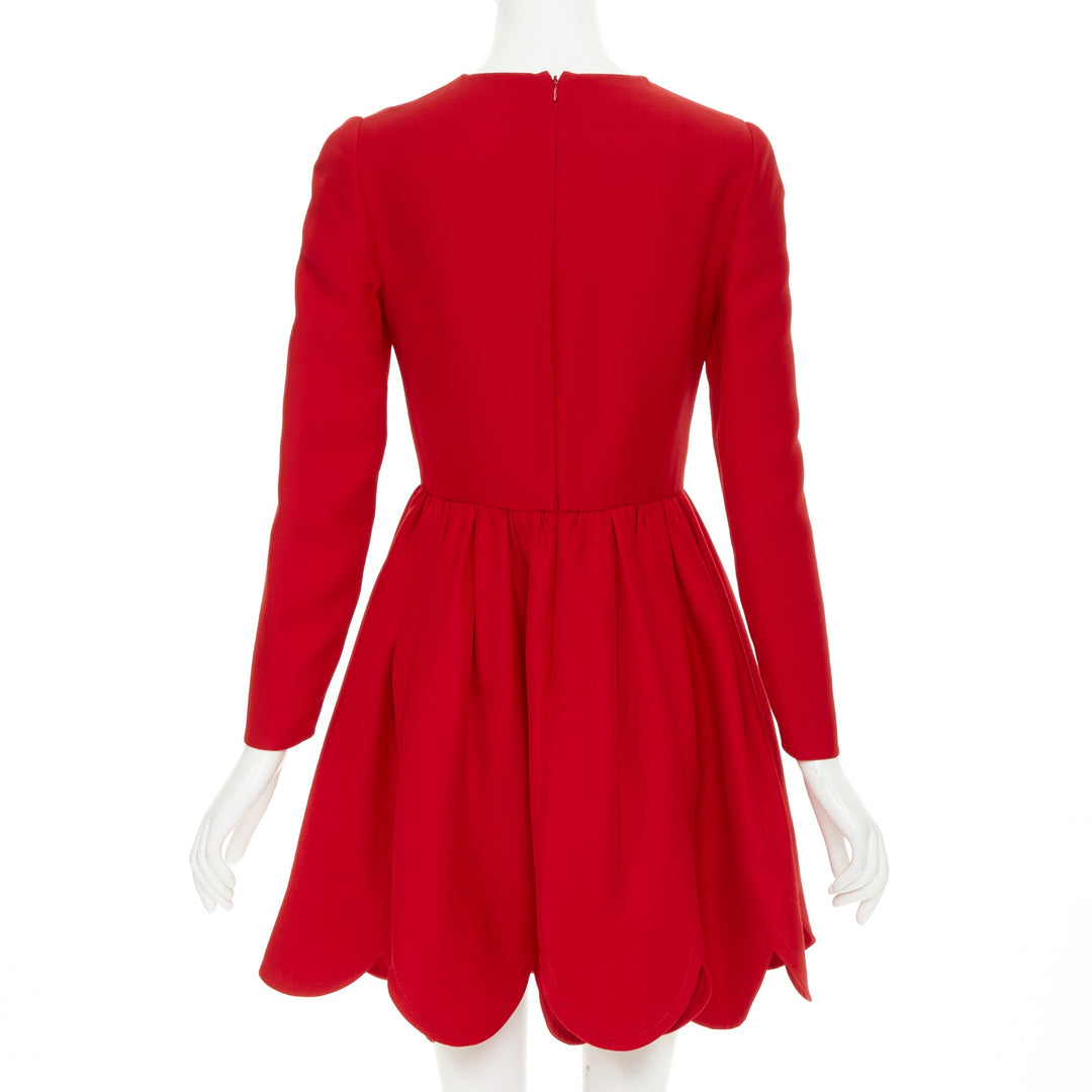VALENTINO red silk wool crepe scalloped skirt detail flared dress IT40 S