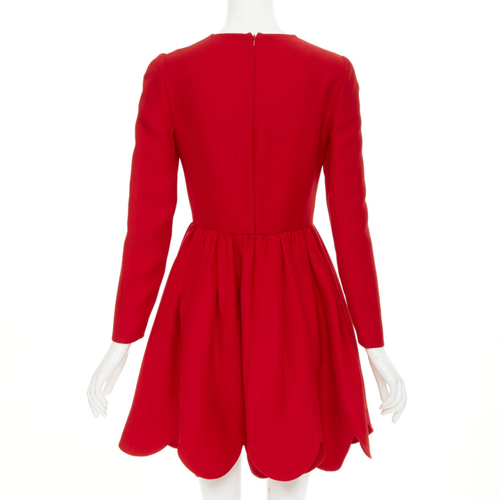 VALENTINO red silk wool crepe scalloped skirt detail flared dress IT40 S