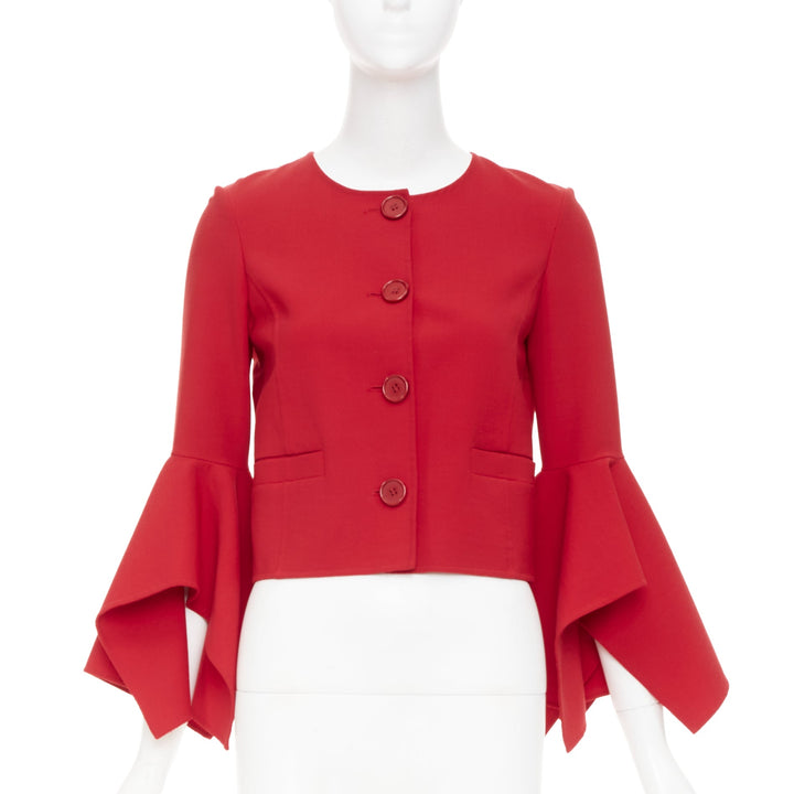 OSCAR DE LA RENTA 2018 flared ruffle sleeve cropped red wool jacket US0 XS