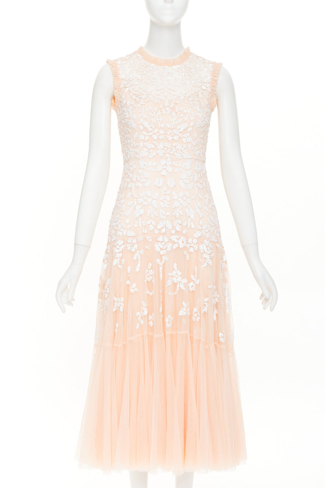NEEDLE & THREAD Bridal blush pink white sequin ruffle edge midi dress UK8 S
