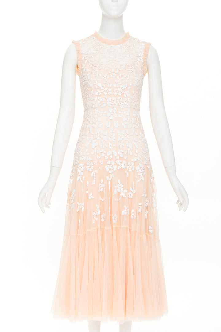NEEDLE & THREAD Bridal blush pink white sequin ruffle edge midi dress UK8 S