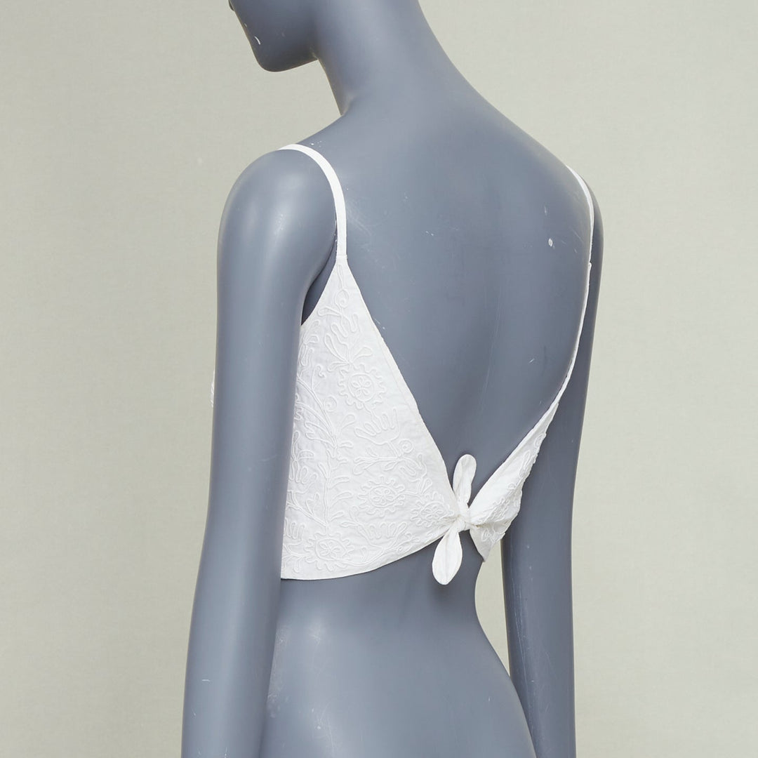 JIL SANDER+ cream 3D twist floral embroidery self tie crop top camisole FR36 S
