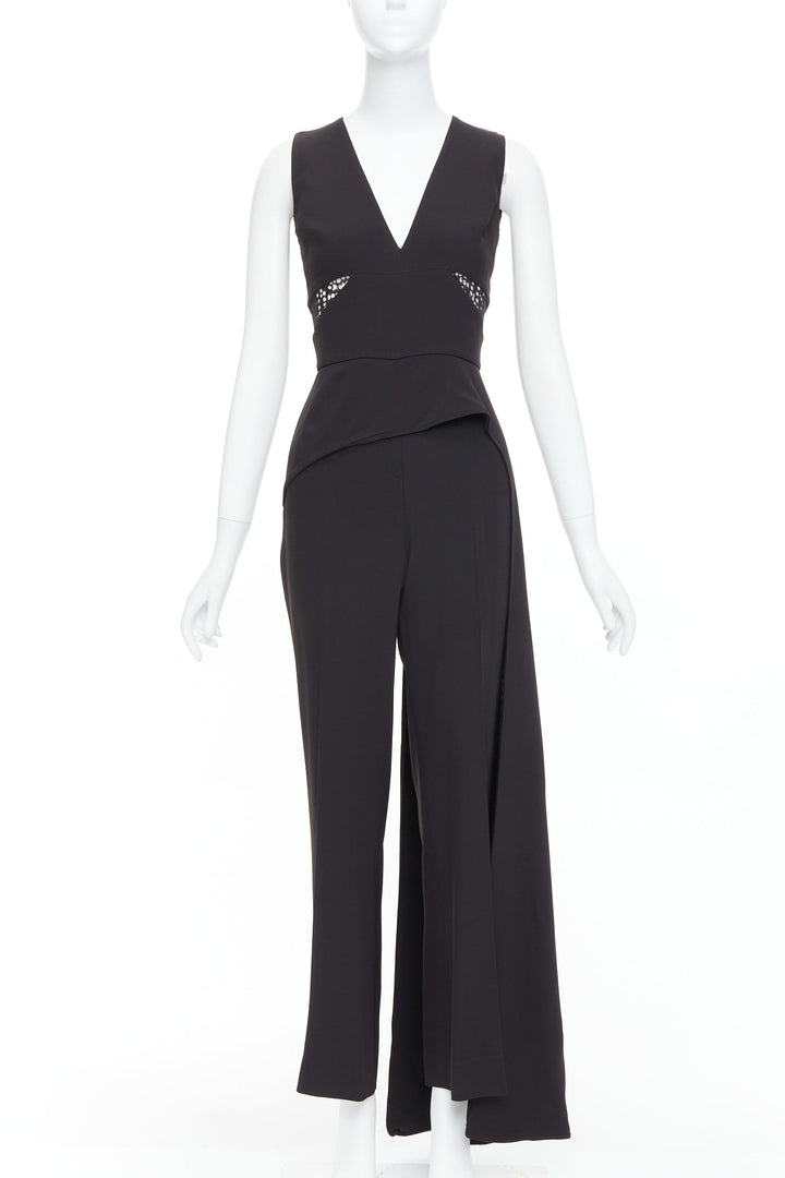 ELIE SAAB black sheer panels drape asymmetric V neck jumpsuit FR36 S