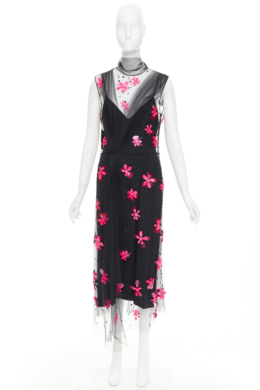 PRADA 2018 Runway neon pink floral bead black tulle sheer midi dress IT40 S