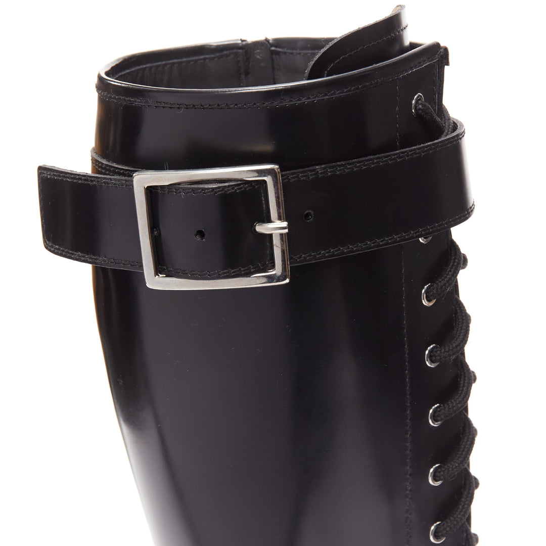ALEXANDER MCQUEEN Tread black leather lace up combat knee high boot EU39
