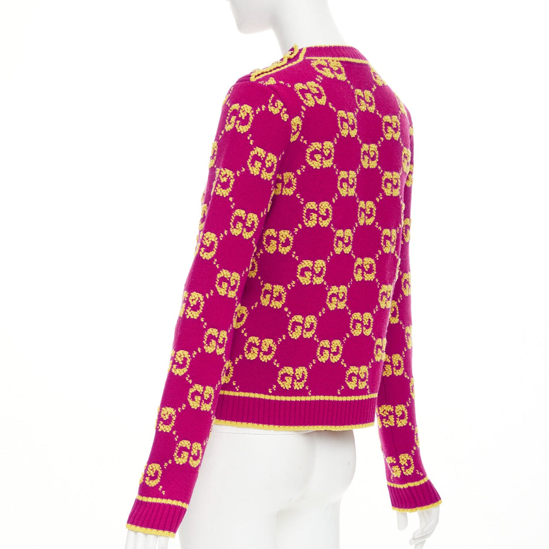 GUCCI 2022 magenta yellow wool GG monogram jacquard cropped sweater XS