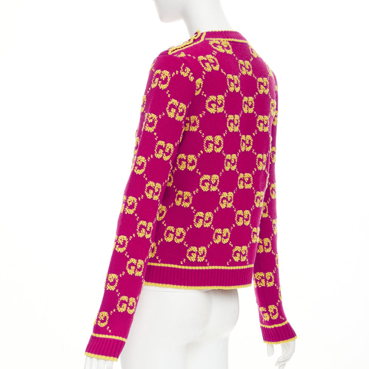 GUCCI 2022 magenta yellow wool GG monogram jacquard cropped sweater XS