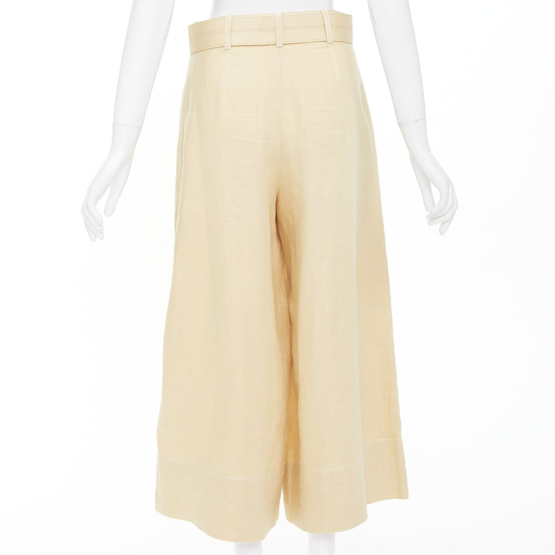 NICHOLAS beige linen belted pleated front wide leg cropped utility pants FR36 S