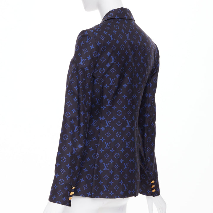 LOUIS VUITTON navy blue lightweight silk LV monogram gold button blazer FR34 XS