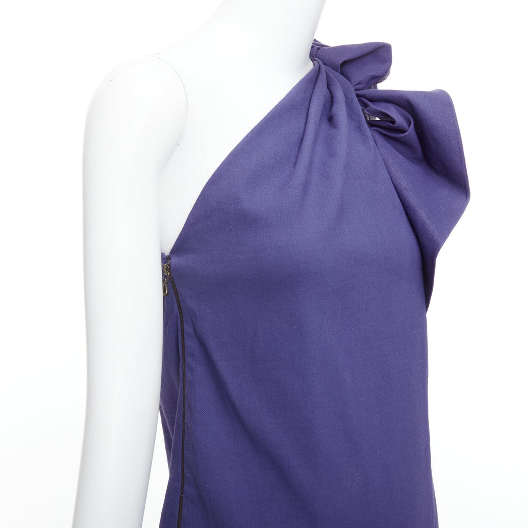 LANVIN 2015 deep purple linen one shoulder ruffle dress FR38 M