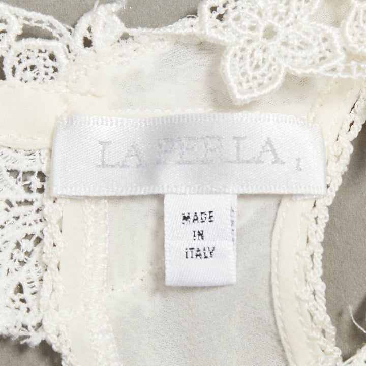 LA PERLA cream silk floral lace trim pleated deep V back cut out tank top Sz1 XS