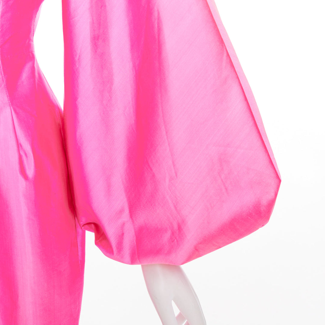 ROSARIO hot pink 100% silk shiny puff sleeves cinched waist midi dress FR36 S