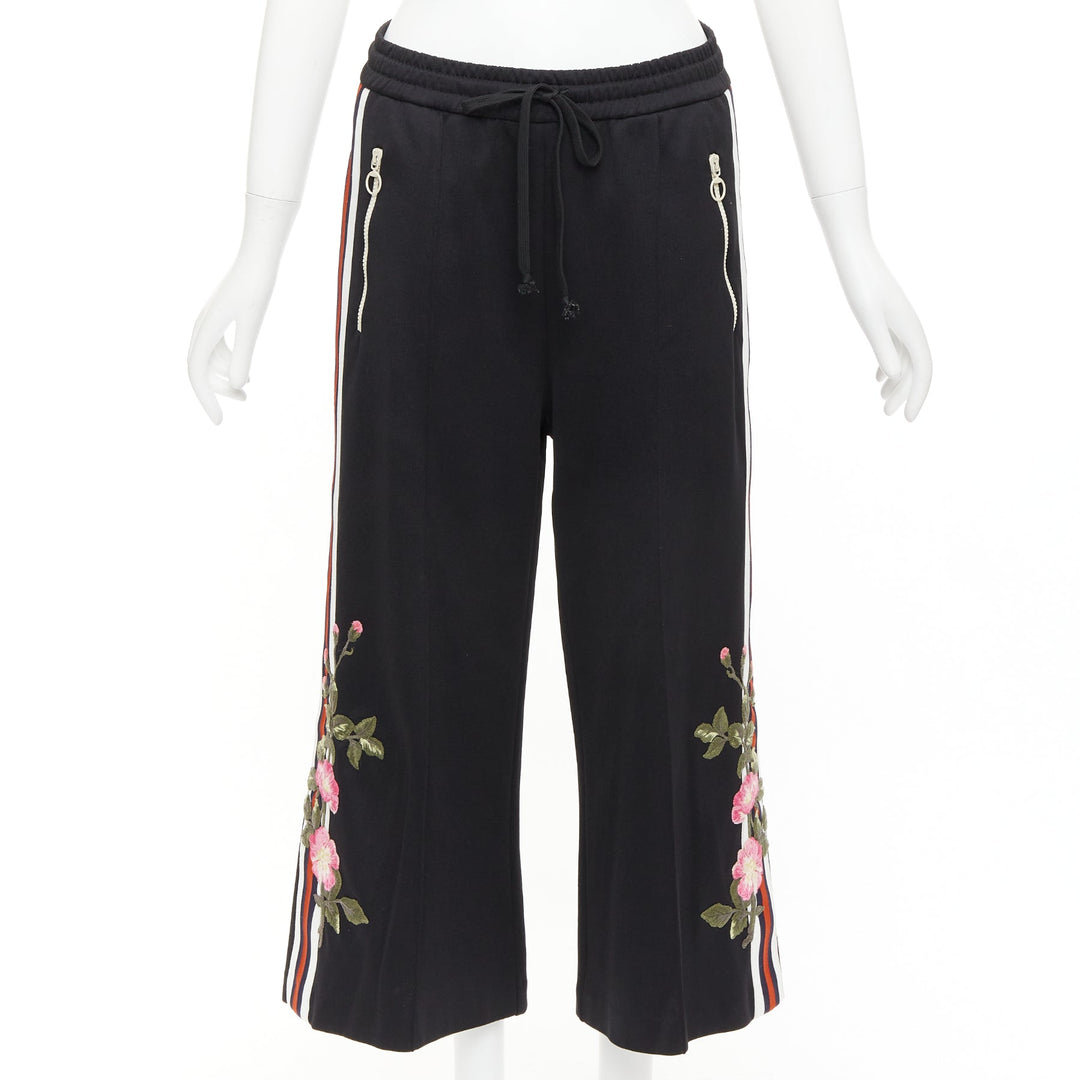 GUCCI black webbing floral patch zip pocket wide leg joggers