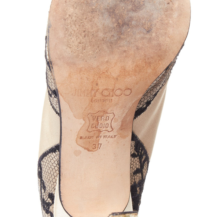 JIMMY CHOO Bridal beige satin black lace trim point toes heel ankle booties EU37