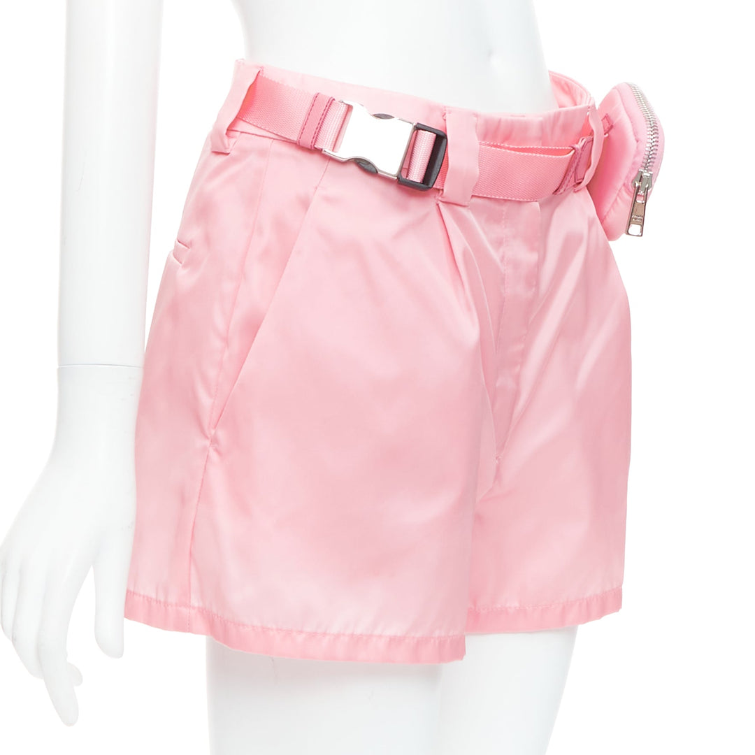 PRADA 2021 Re-Nylon pink triangle logo mini pouch high waist shorts IT38 XS