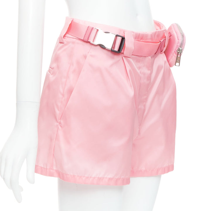 PRADA 2021 Re-Nylon pink triangle logo mini pouch high waist shorts IT38 XS