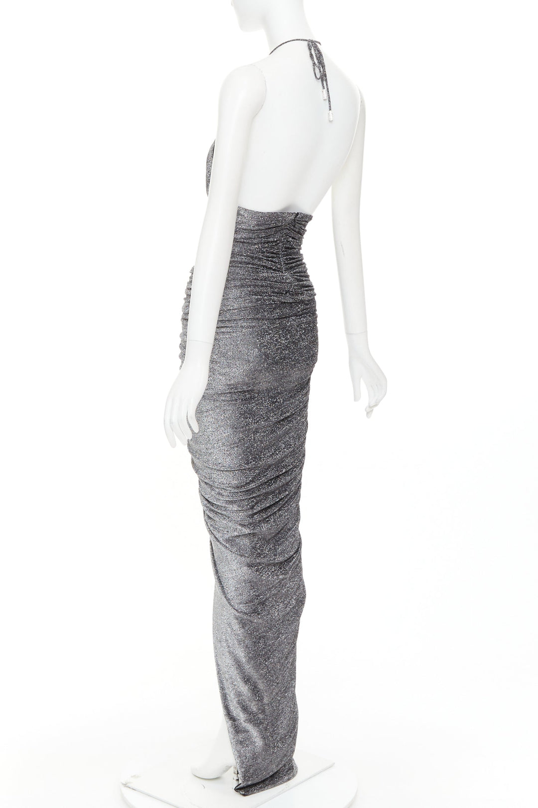 ALEXANDRE VAUTHIER metallic silver lurex knit ruched backless halter dress