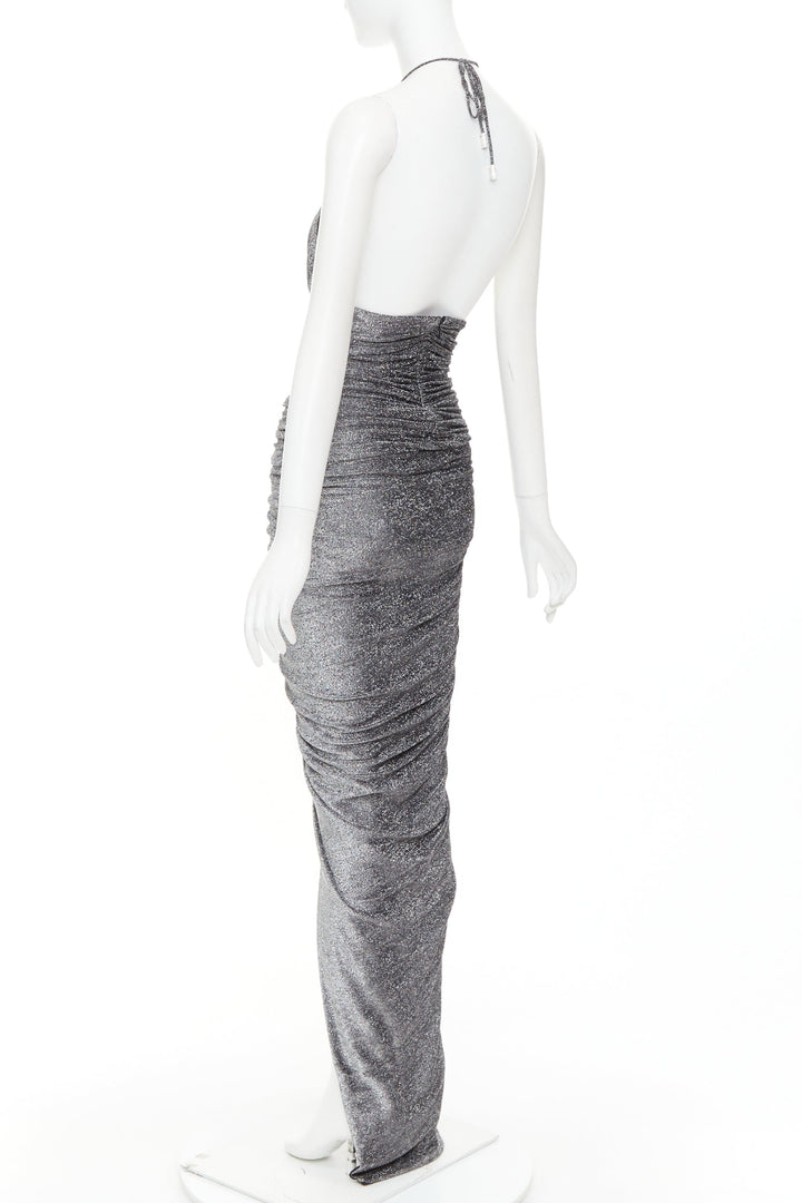 ALEXANDRE VAUTHIER metallic silver lurex knit ruched backless halter dress