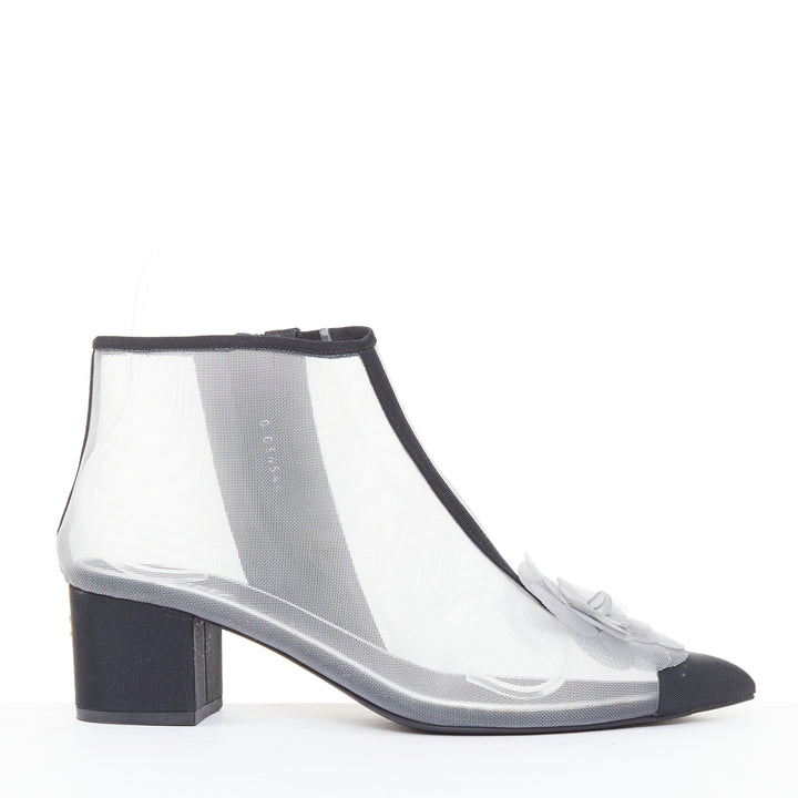 CHANEL 2019 sheer mesh black grosgrain Camelia embellished ankle boots EU38