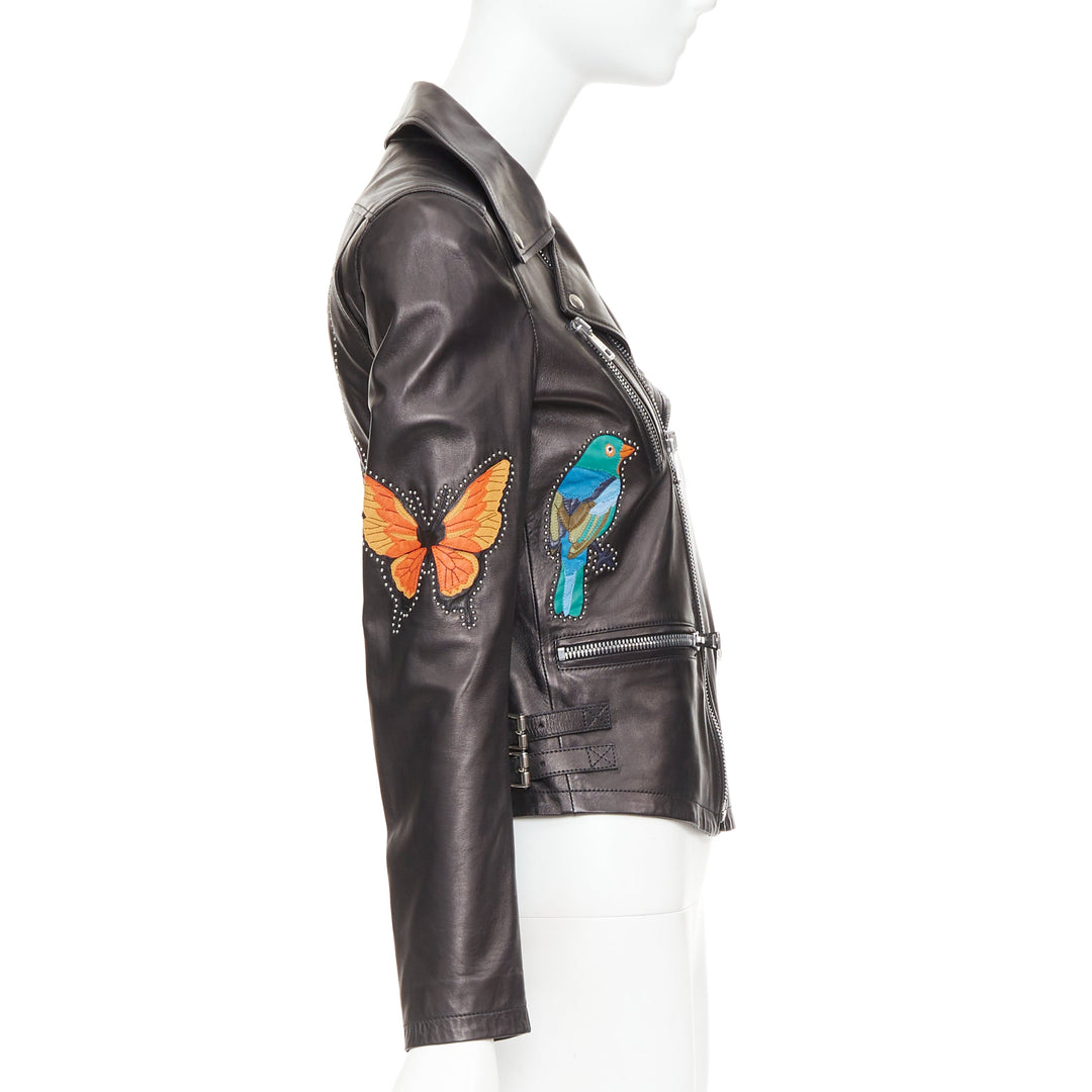 GUCCI Michele black leather bird butterfly applique studded biker jacket IT38 XS