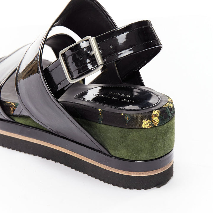 DRIES VAN NOTEN balck patent floral broade green suede platform sandal EU36.5