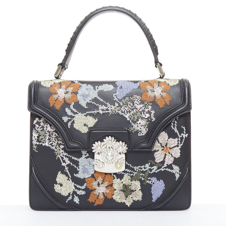 ALEXANDER MCQUEEN black lambskin leather floral embroidered 2 way satchel bag