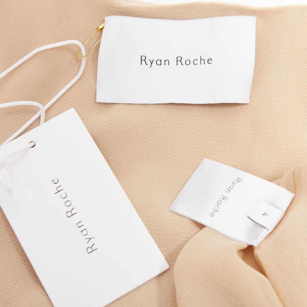 RYAN ROCHE beige double layer silk georgette V neck tie belted coat US4 S