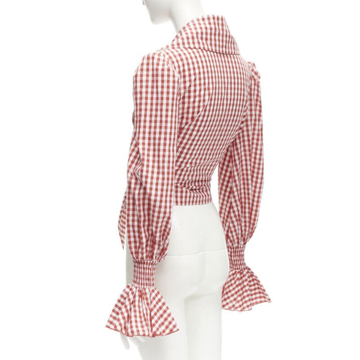 BALMAIN red white gingham cotton tie belt bishop sleeves cottage top FR34 XS