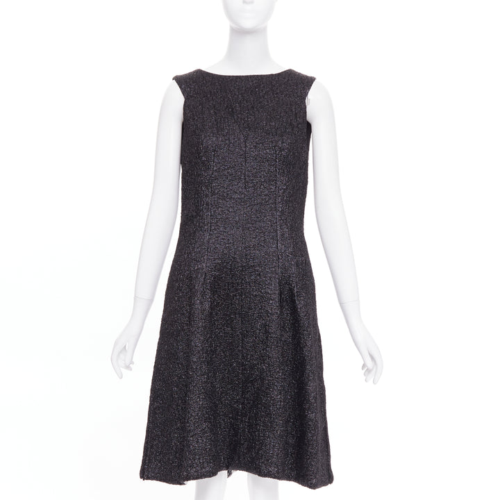 CHANEL 2016 Runway gunmetal glitter black pleated tweed sleeveless dress FR42 L