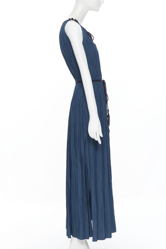 LANVIN 2016 teal blue pleated polyester beaded tie string slit maxi dress FR34