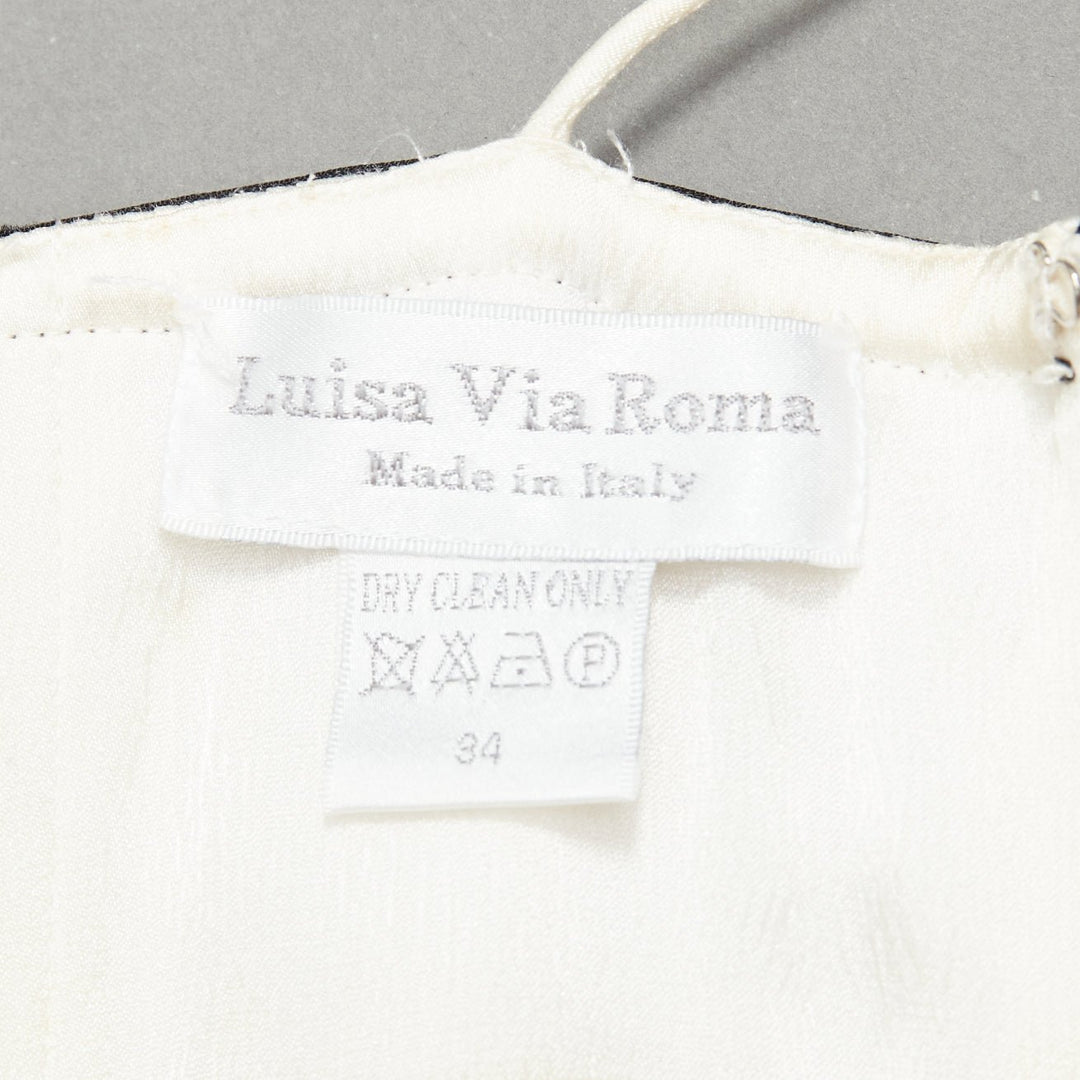 LUISA VIA ROMA cream silky black velvet ribbon puff bust midi dress IT34 XXS