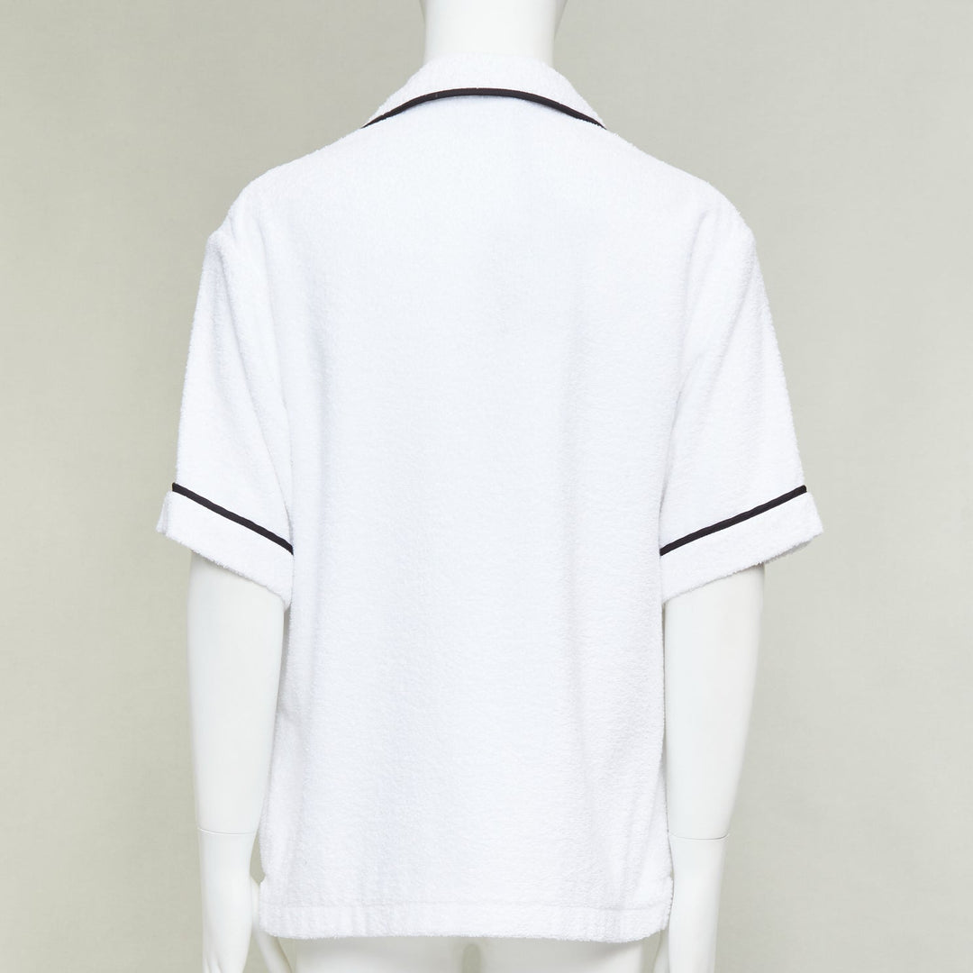 PRADA 2021 white terry towelling black triangle logo plaque bowling shirt L