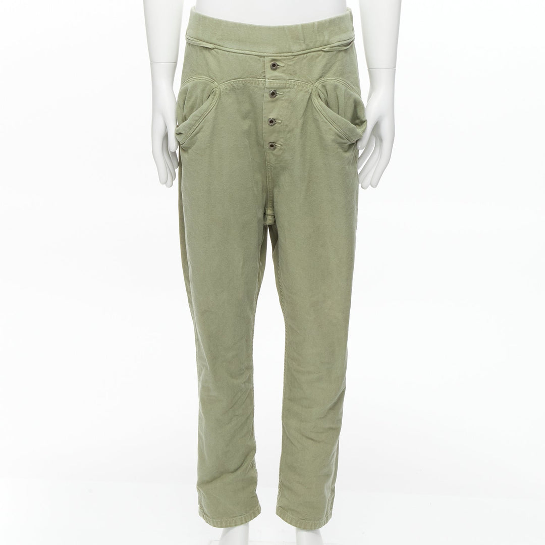 KAPITAL 100% washed cotton green distressed buttons elasticated waist pant JP3 L
