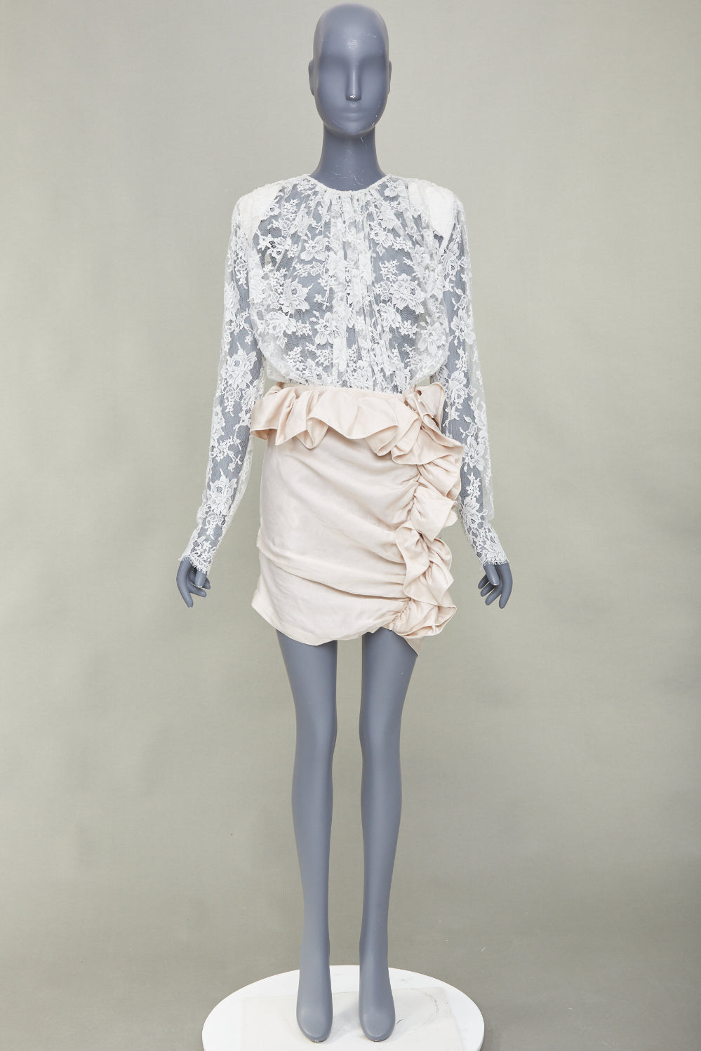 MAGDA BUTRYM Bridal Floral white lace ruffle draped satin mini dress FR34 XS