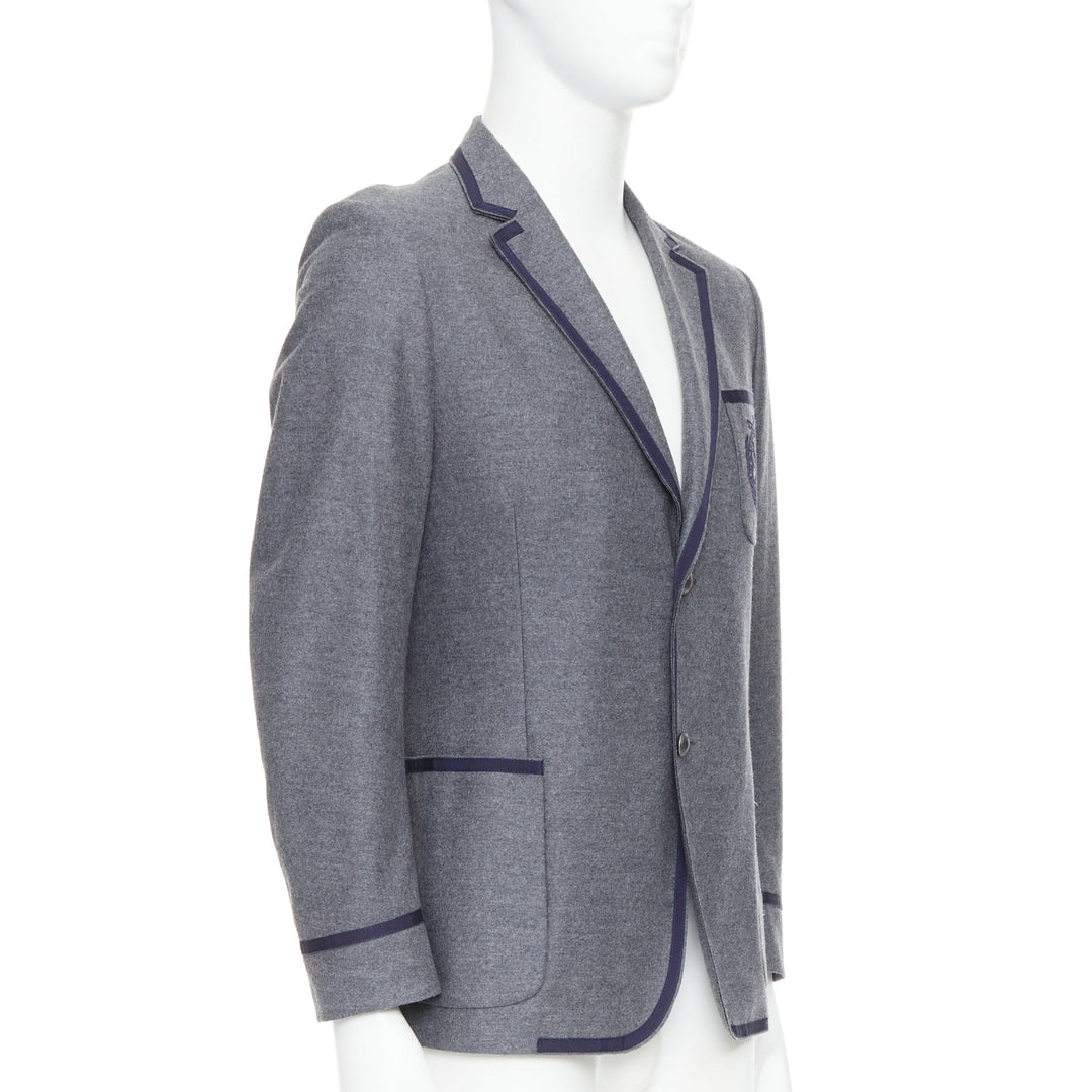 GUCCI grey wool blend navy web trim varsity emblem blazer IT52 XL