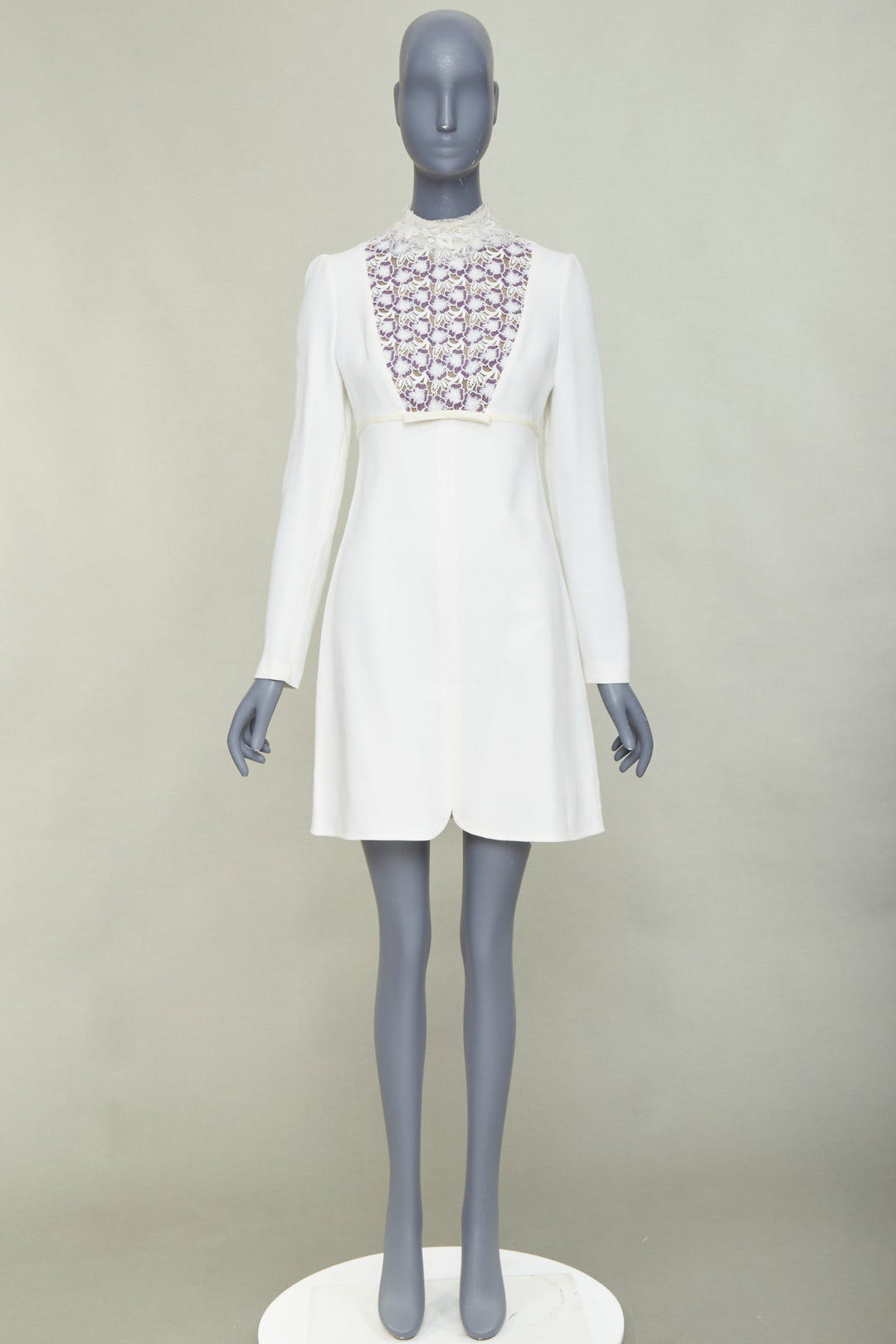GIAMBATTISTA VALLI cream wool crepe purple floral lace bib mini dress IT42 S
