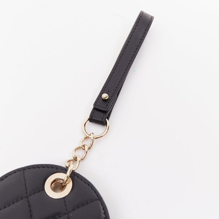 CHANEL black quilted lambskin leather CC logo chain round luggage tag