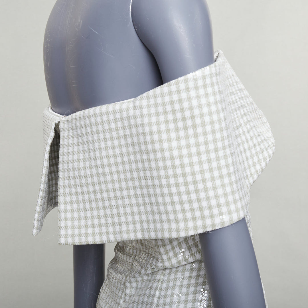 MARKARIAN Runway Regina green white sequin gingham cold shoulder dress US0 XS