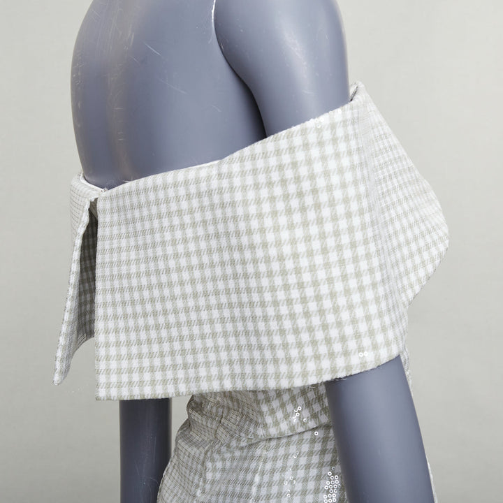 MARKARIAN Runway Regina green white sequin gingham cold shoulder dress US0 XS