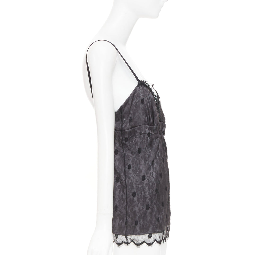 JOHN GALLIANO Vintage Joyce grey floral lace polka dot trim silk camisole top S
