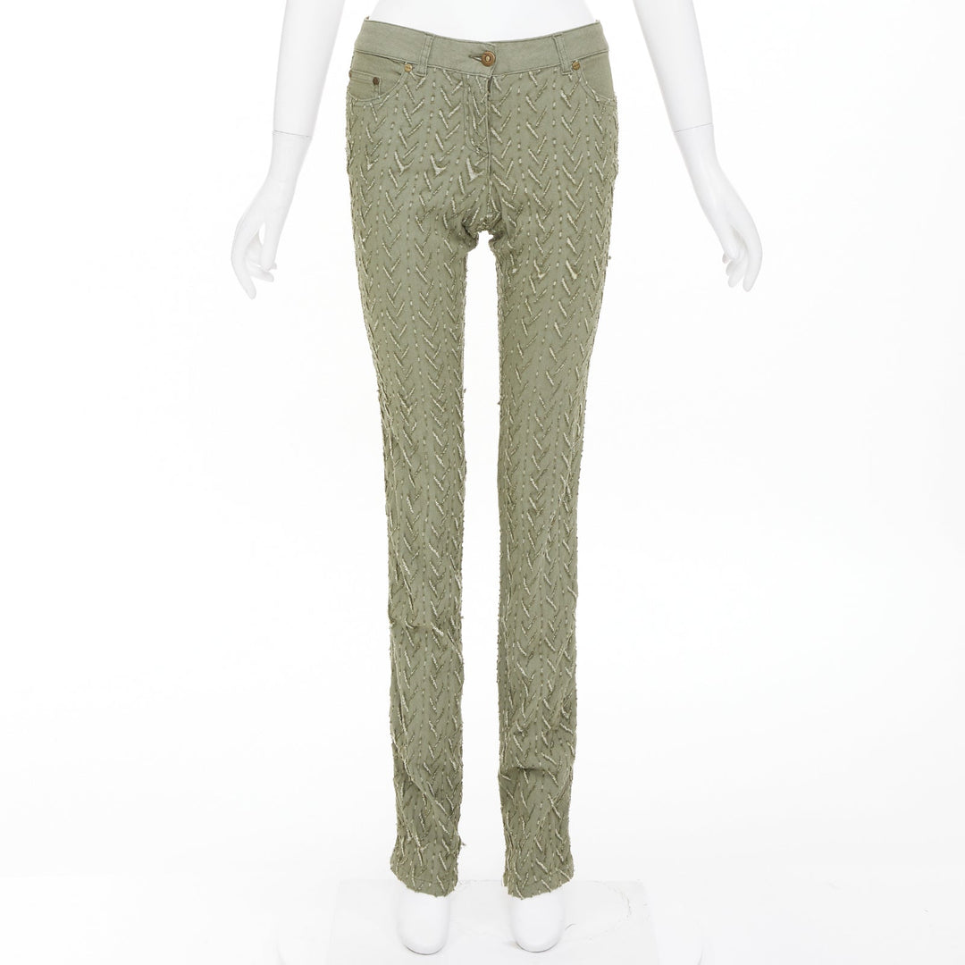 ALEXANDER MCQUEEN 2002 khaki green distressed cotton chevron jeans IT38 XS