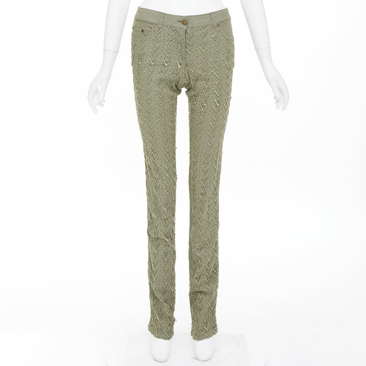ALEXANDER MCQUEEN 2002 khaki green distressed cotton chevron jeans IT38 XS