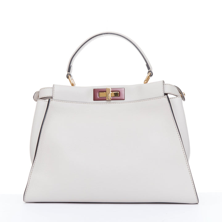 FENDI Peekaboo Medium Selleria Leather taupe grey enamel hardware top handle bag
