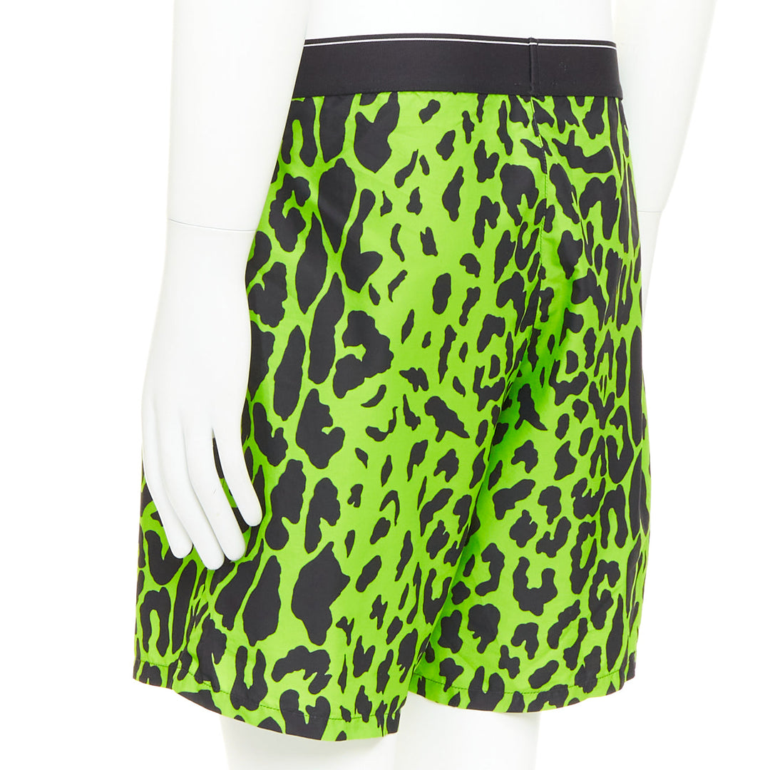 VERSACE neon green black leopard print black logo waistband swim trunks Sz4