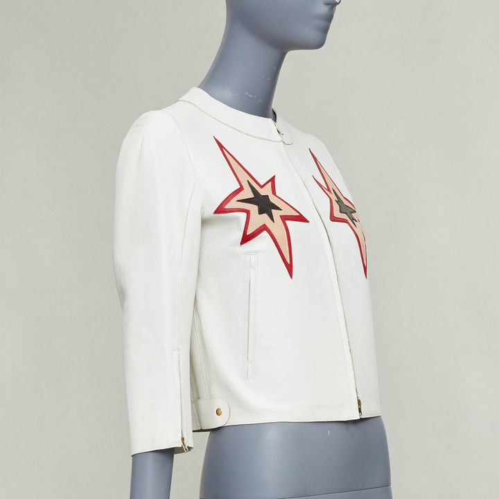 MIU MIU 2011 white lambskin leather red star patchwork crop moto jacket IT40 S