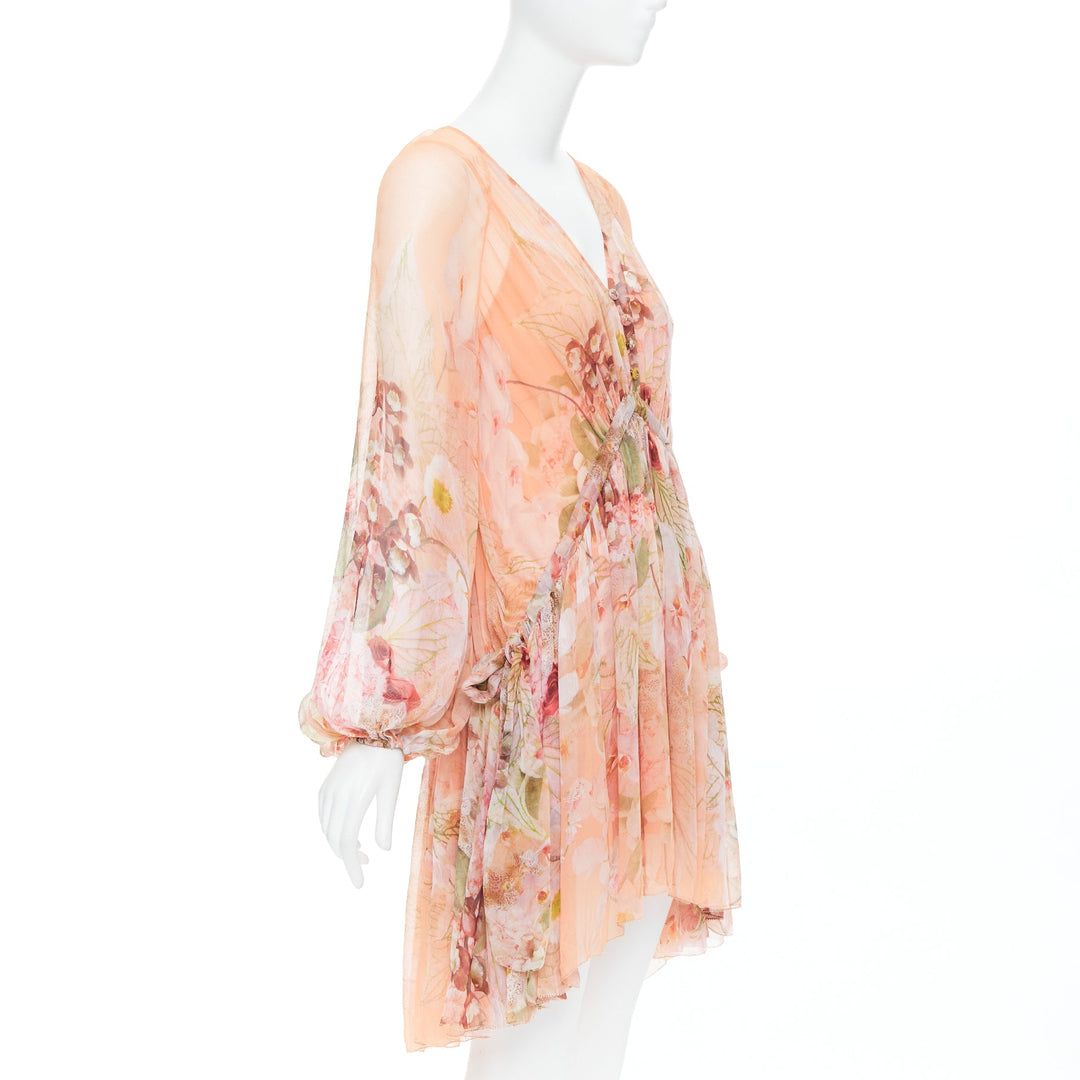 ZIMMERMANN Dancer Blush Garden pink floral print ruched puff sleeves dress Sz2 M
