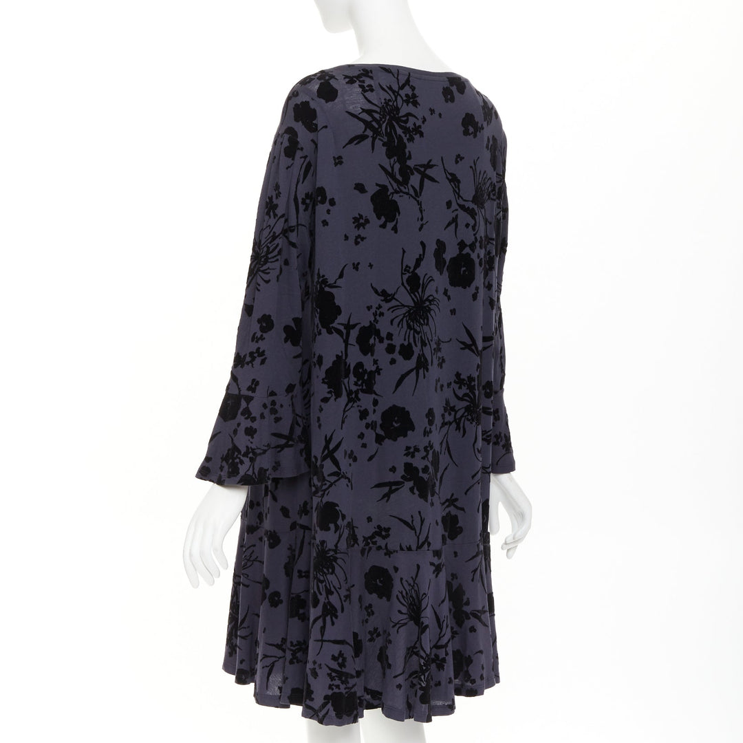 DRIES VAN NOTEN grey cotton black velvet damask floral flock print dress XS