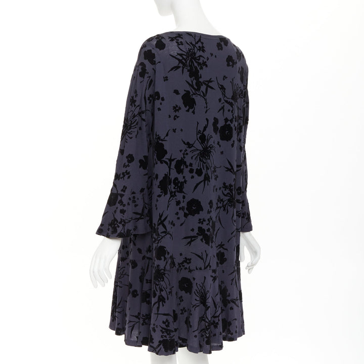 DRIES VAN NOTEN grey cotton black velvet damask floral flock print dress XS
