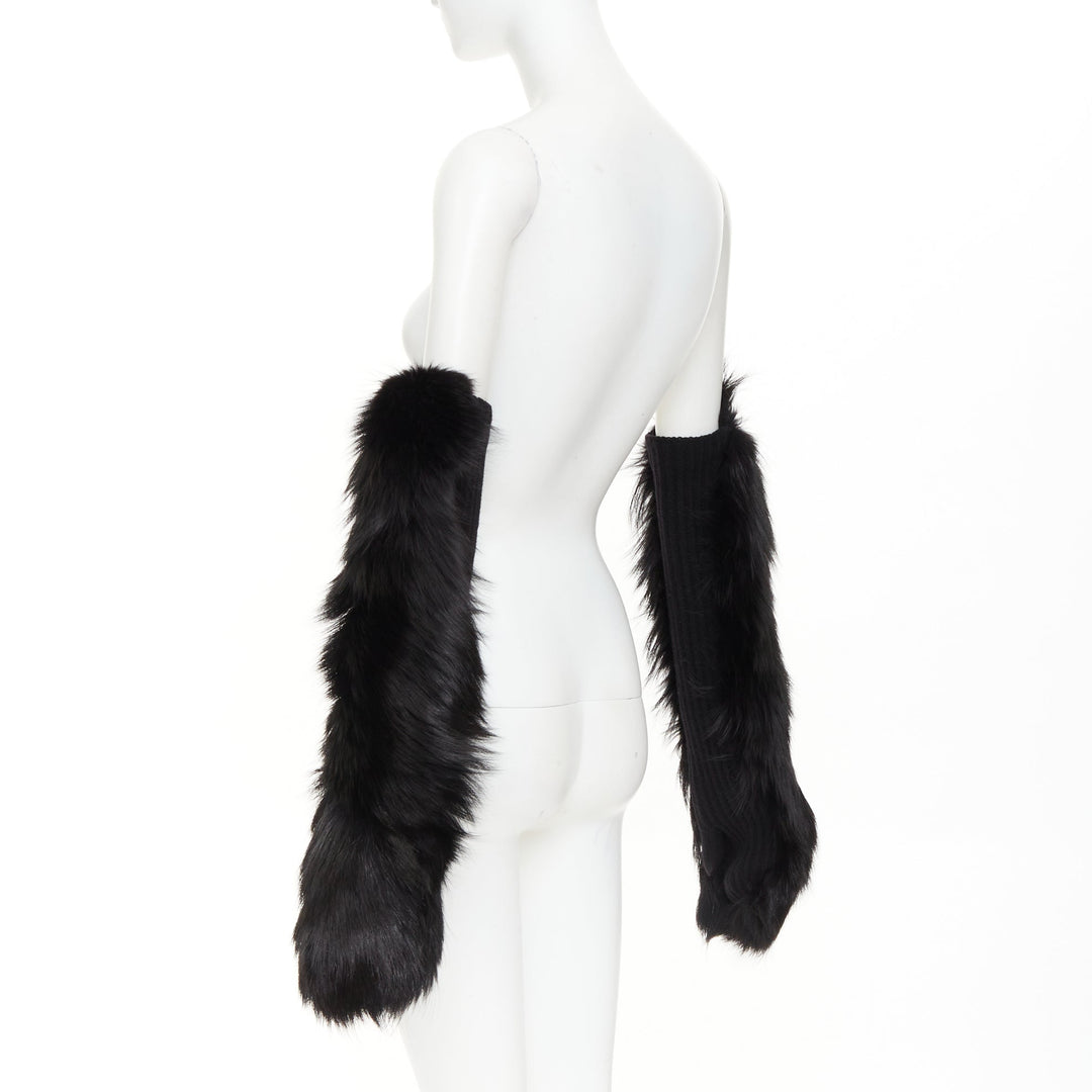 BALENCIAGA black genuine  fur chunky wool ribbed long opera gloves