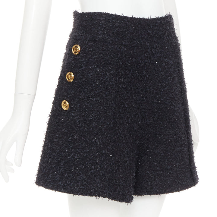 BALMAIN black speckle metallic tweed gold B buttons high rise shorts FR38 M